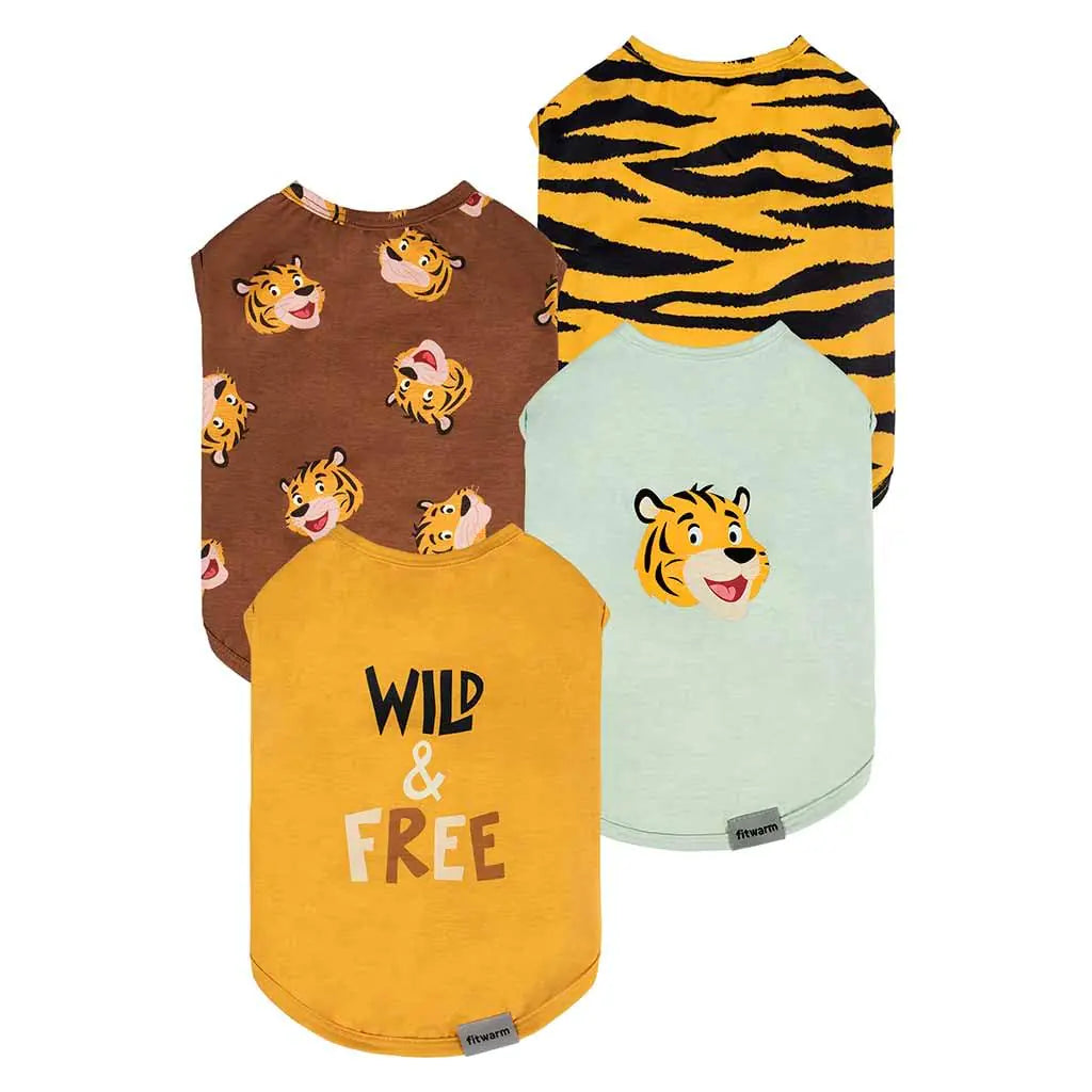 Fitwarm 4 Pack Tiger Dog Shirt Summer Dog Clothes for Small Dogs Boy Girl Funny Dog Costume Tshirt Pet Outfit Yellow Brown Black Green Medium