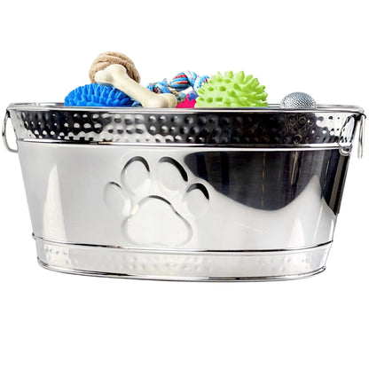 Metal Indestructible Dog Toy Bin - Steel Dog Toy Basket with Handles Pet Toy Box Oval for Blankets Leashes & Toys for Aggressive Chewers - Pawprint Design Home Decor (Silver)