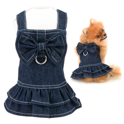 SMALLLEE_LUCKY_STORE Dog Denim Harness DressBow Puppy Princess Dress for Small Medium Dog Cat Girls Adjustable Pet Jean Skirt with D-Ring Female Dog Clothes Summer Apparel Dark Blue