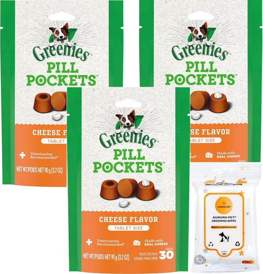 Aurora Pet Bundle Pack (3) 3.2-oz Greenie Pill Pockets Cheese Flavor Tablet Size Dog Treats with AuroraPet Wipes