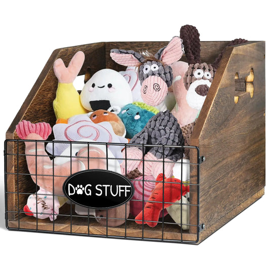 VOOTTOU Dog Toy Bin Wood Dog Toy Basket with Handle Large Dog Toy Box for Toy Chest Dog Toy Storage Dog Stuff Organizer Dog Toy Storage Basket Bin for Puppy Leash Blanket Food Accessories Gift