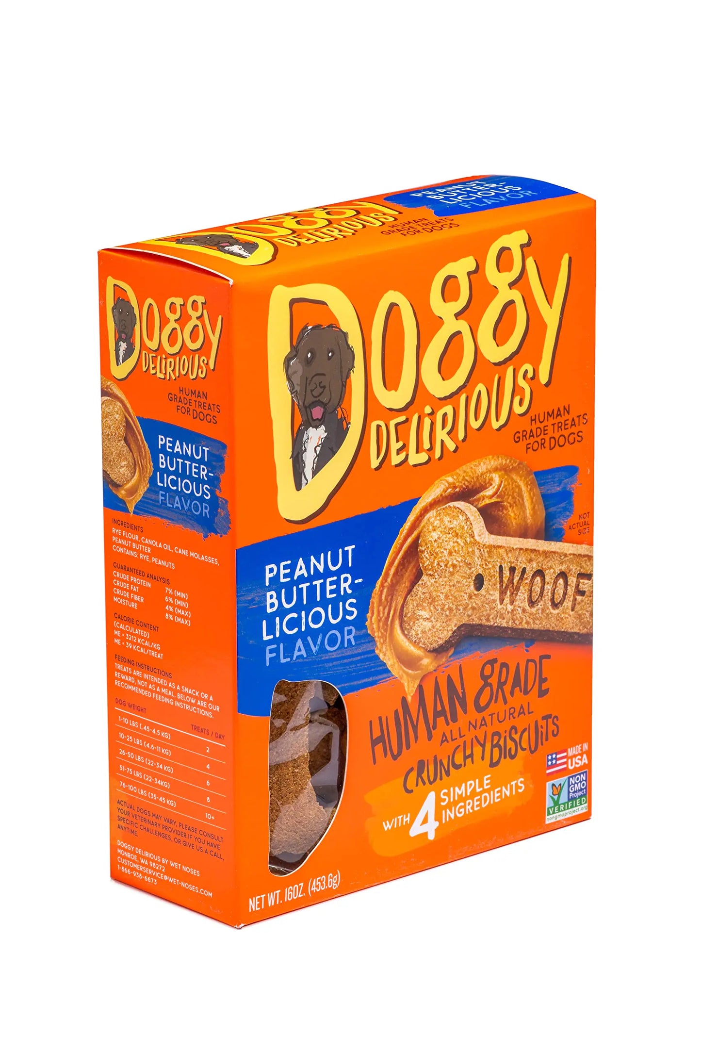 Doggy Delirious Dog Treats Made in USA 100% All Natural Organic Ingrediants Peanut Butter 16 oz Box